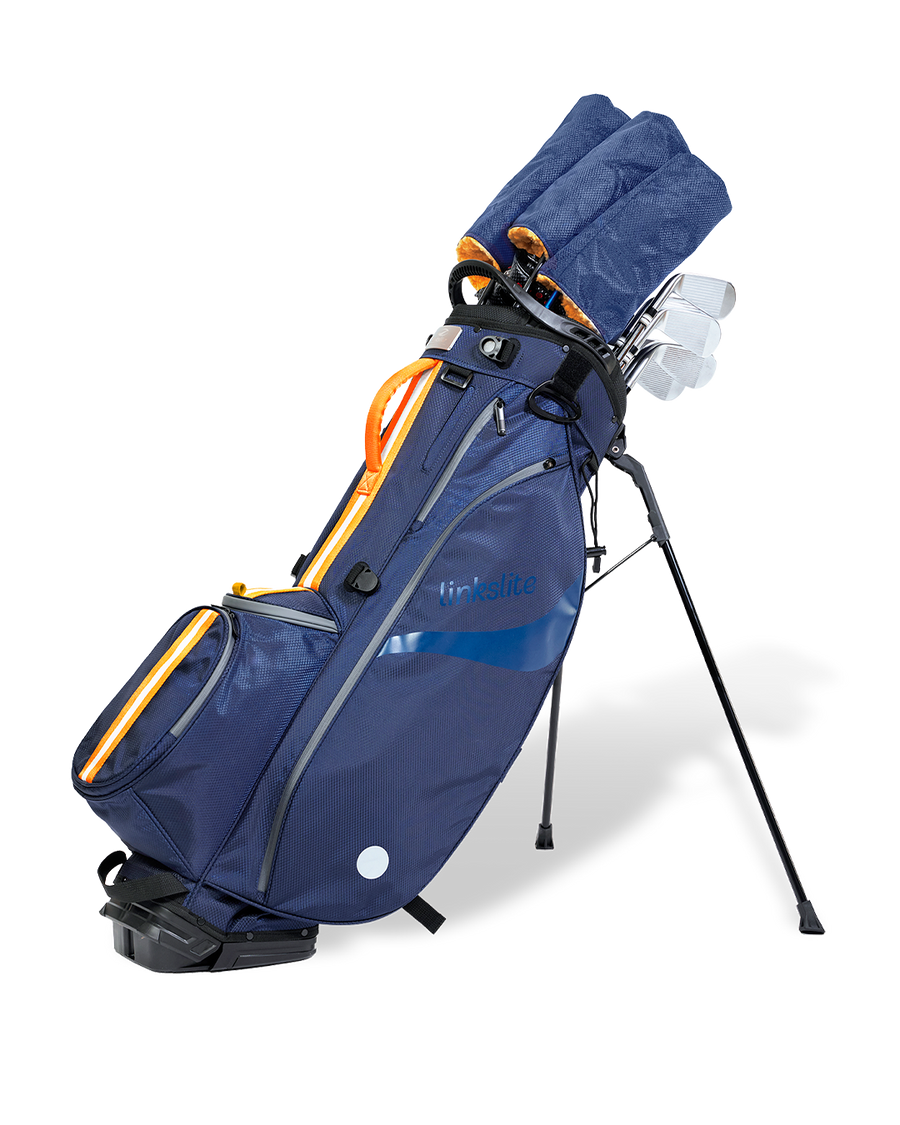 Atlantic Dawn Explorer stand bag on its legs loaded with a full set of 14 clubs.