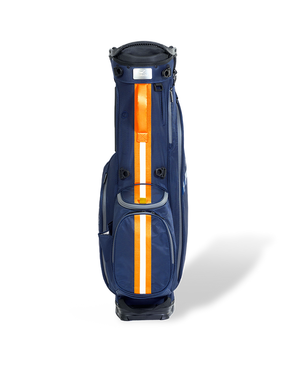 Atlantic Dawn navy blue Linkslite Explorer 5-way golf stand bag, front view.