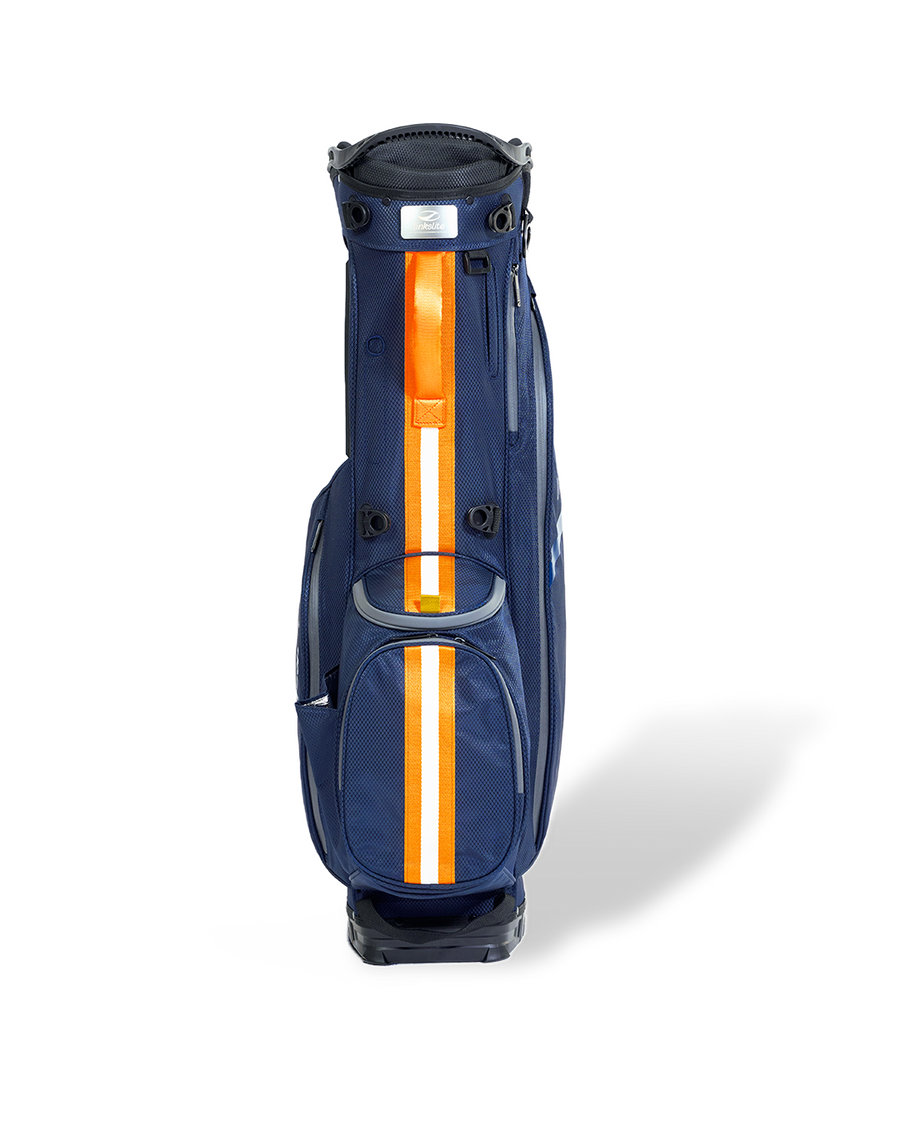 Atlantic Dawn navy blue Linkslite Explorer 5-way golf stand bag, front view.