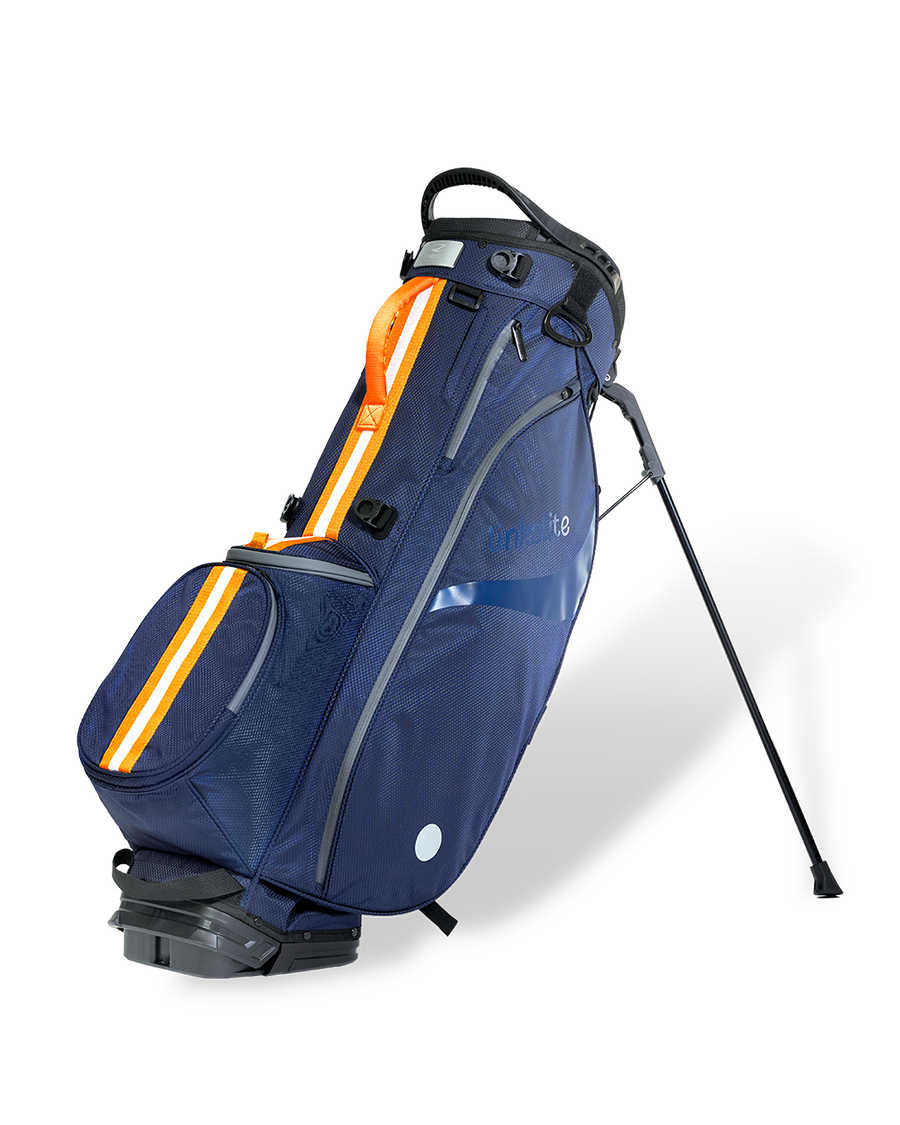 Atlantic Dawn Linkslite Explorer stand bag on its deployed stand legs, side profile.