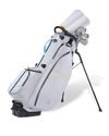 Linkslite Explorer 14-way stand bag in off-white and baby blue, on stand with full set of clubs