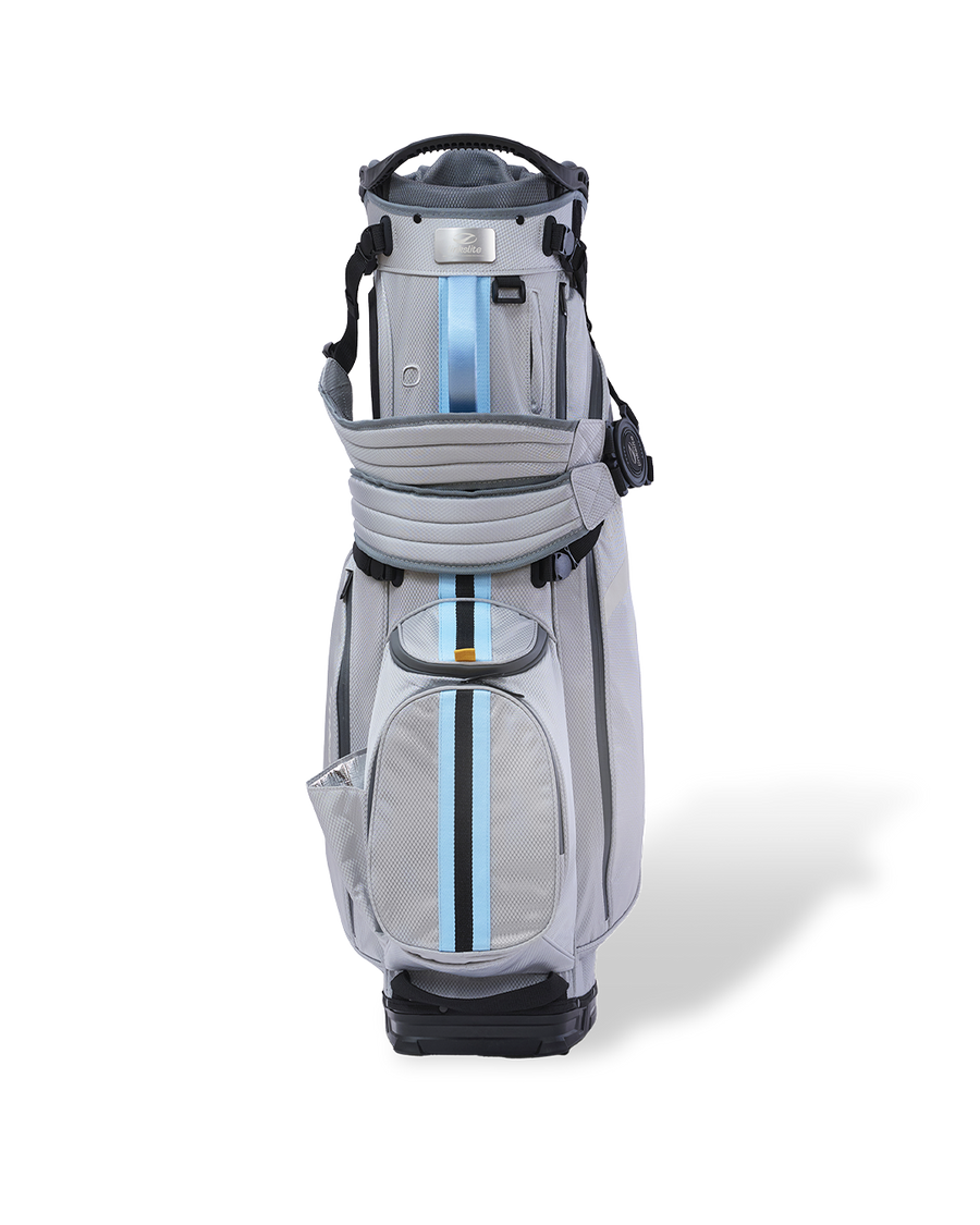 Linkslite Explorer 14-way stand bag in off-white and baby blue, front view with shoulder straps