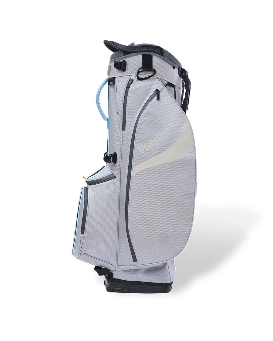 Linkslite Explorer 14-way stand bag in off-white and baby blue, right side view