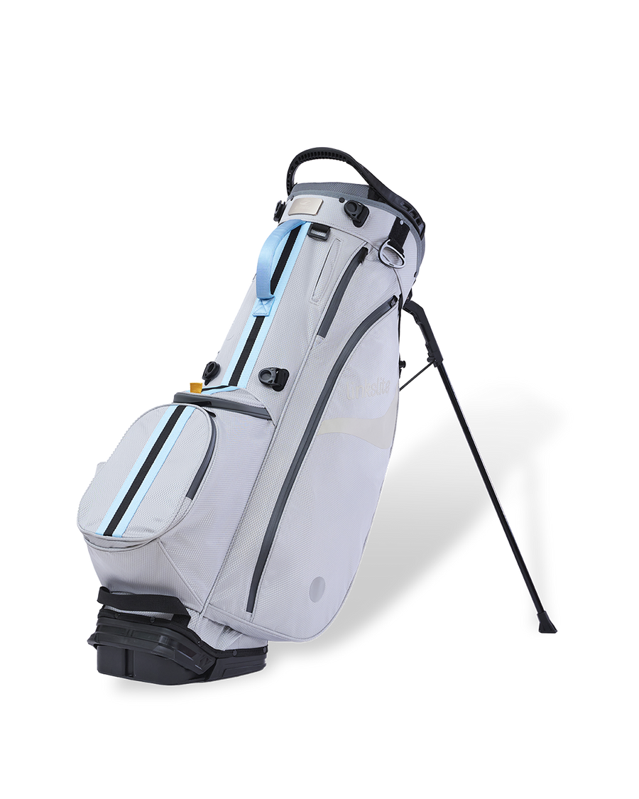 Frosted Ash Linkslite Explorer stand bag on its deployed stand legs, side profile.