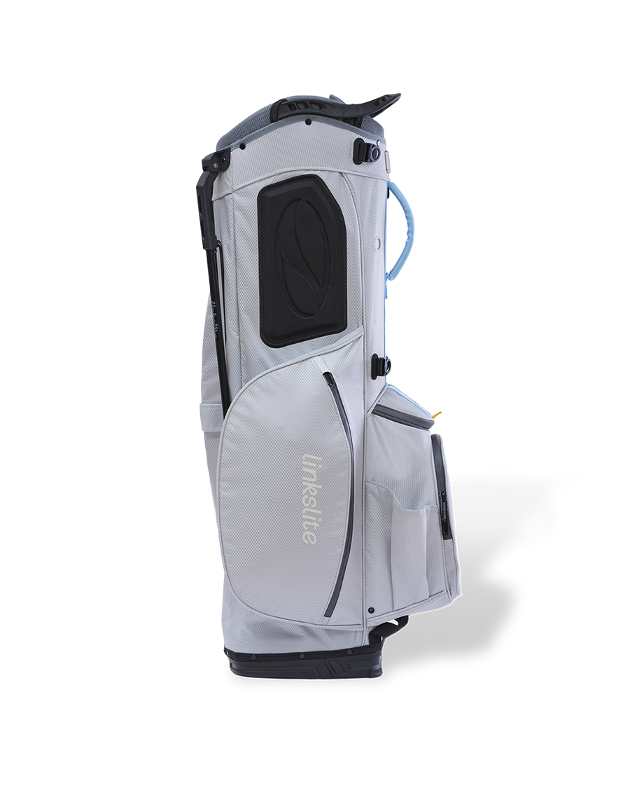 Linkslite Explorer 14-way stand bag in off-white and baby blue, left side view