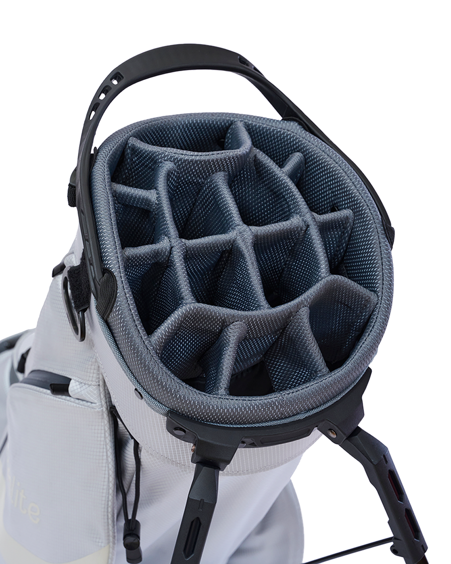 Linkslite Explorer 14-way stand bag in off-white and baby blue, top view of 14-way divider