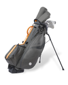Linkslite Explorer 5-way stand bag in gray and orange, on stand with full set of clubs