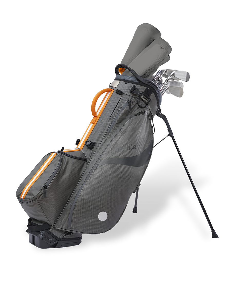 Linkslite Explorer 5-way stand bag in gray and orange, on stand with full set of clubs
