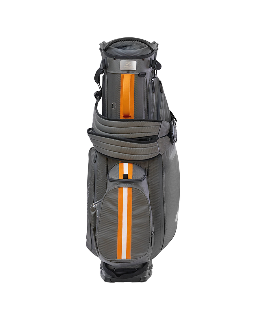 Linkslite Explorer 5-way stand bag in gray and orange, front view with shoulder straps
