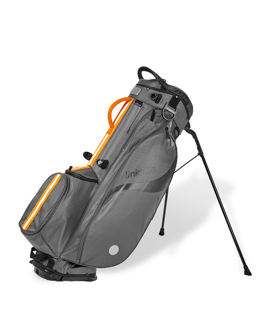 Linkslite Explorer 5-way stand bag in gray and orange, on stand