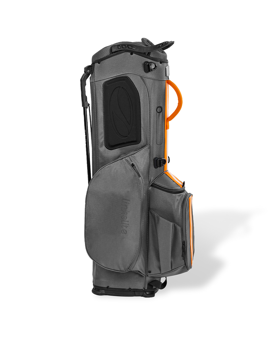 Linkslite Explorer 5-way stand bag in gray and orange, left side view