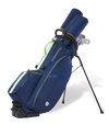 Linkslite Explorer 14-way stand bag in navy and sage, on stand with full set of clubs