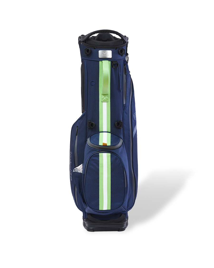 Minted Marine navy Linkslite Explorer 14-way golf stand bag, front view with mint accent stripe.