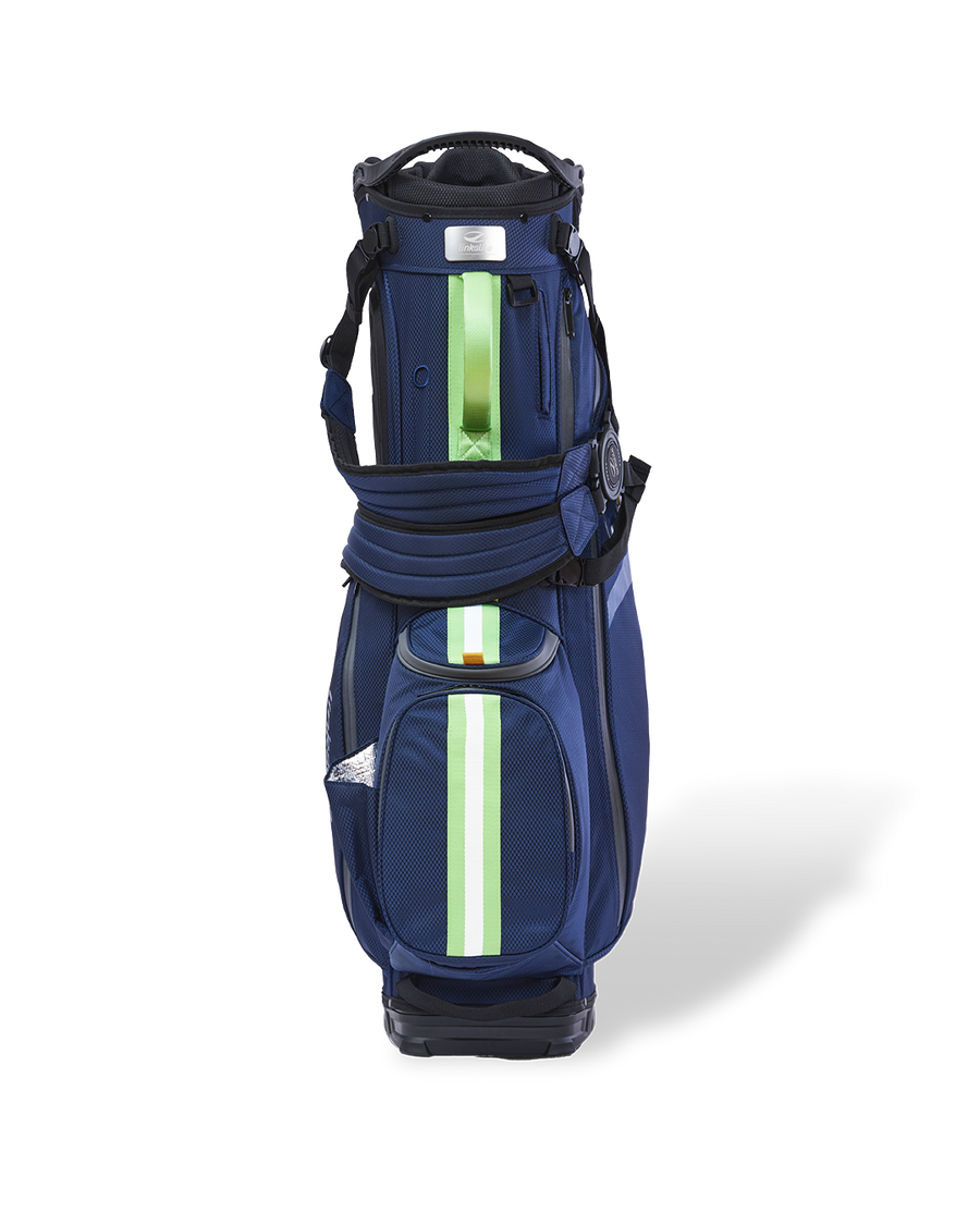 Linkslite Explorer 14-way stand bag in navy and sage, front view with shoulder straps