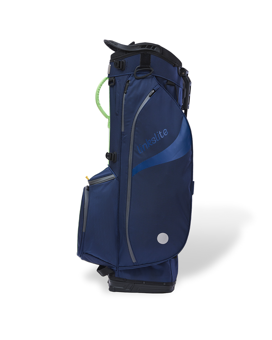 Linkslite Explorer 14-way stand bag in navy and sage, right side view