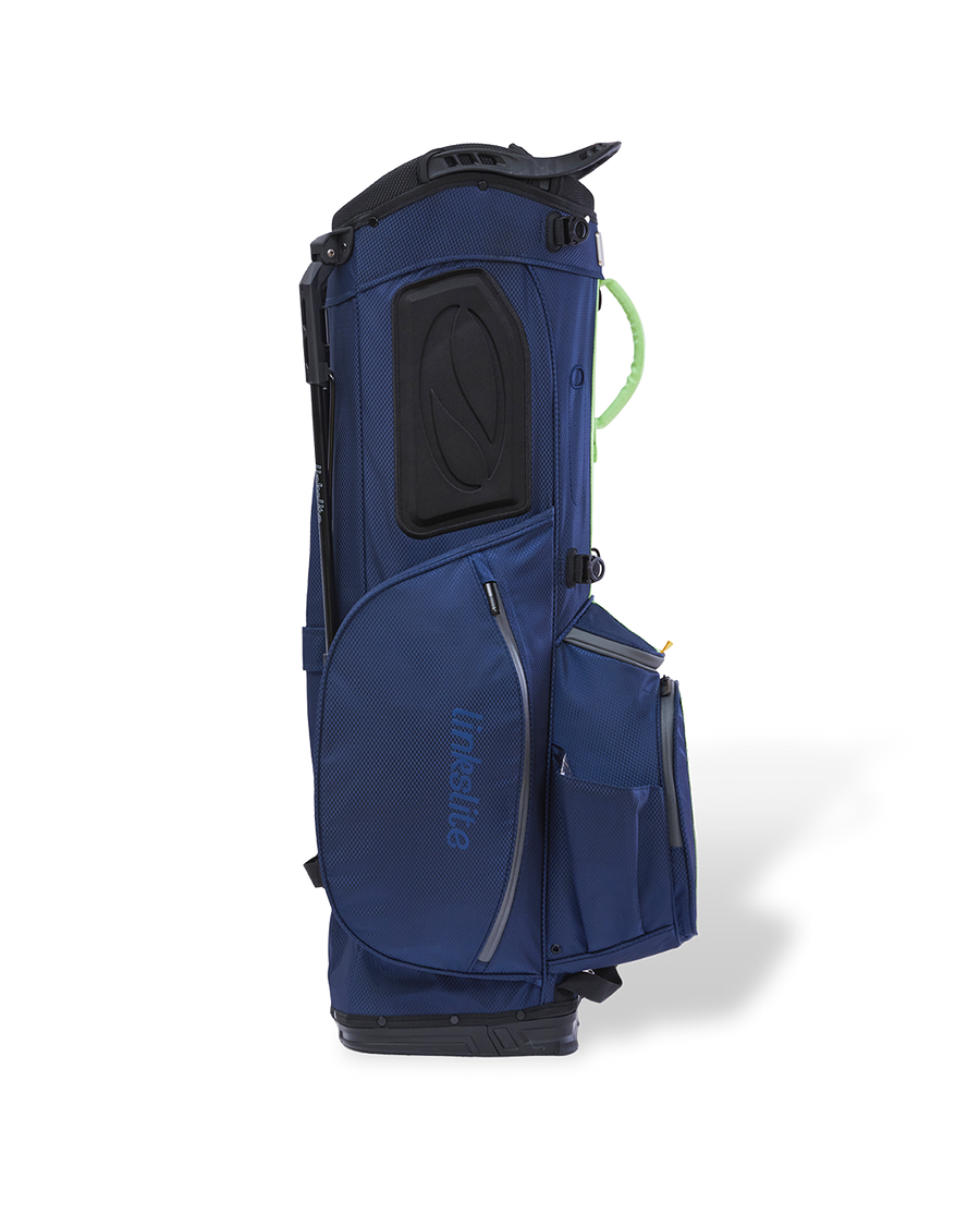 Linkslite Explorer 14-way stand bag in navy and sage, left side view