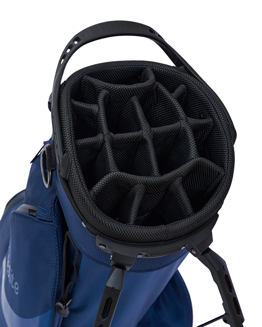 Linkslite Explorer 14-way stand bag in navy and sage, top view of 14-way divider