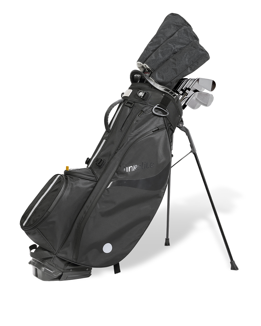 Smokey Onyx Explorer stand bag on its legs loaded with a full set of 14 clubs.