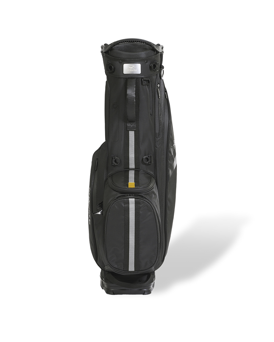 Smokey Onyx all-black Linkslite Explorer 5-way golf stand bag, front view.