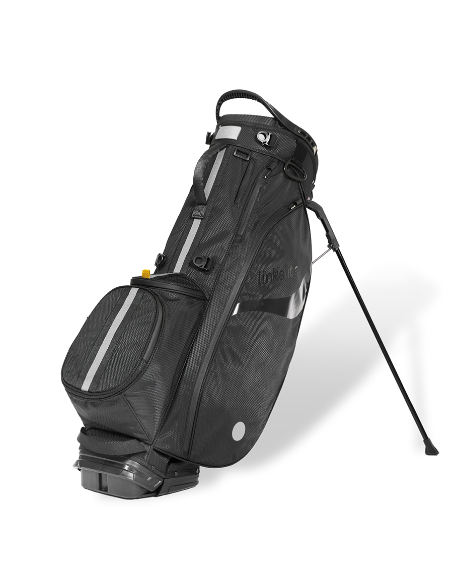 Smokey Onyx Linkslite Explorer stand bag on its deployed stand legs, side profile.