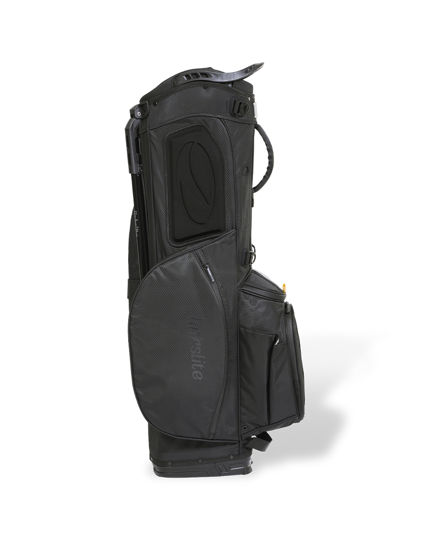 Smokey Onyx Linkslite Explorer golf stand bag, left side view.