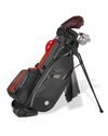 Linkslite Explorer 5-way stand bag in black and red, on stand with full set of clubs