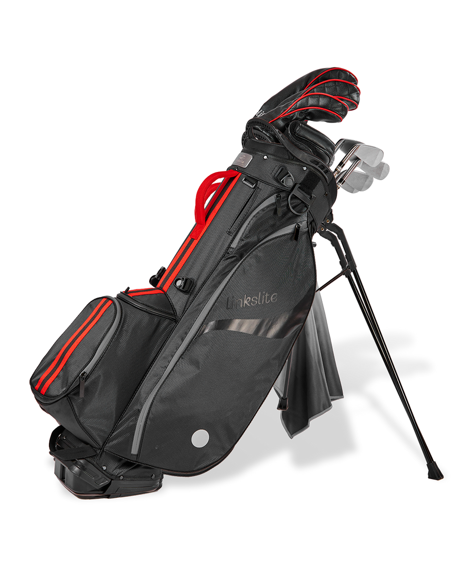 Linkslite Explorer 5-way stand bag in black and red, on stand with full set of clubs
