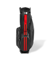 Scarlet Umbra black Linkslite Explorer 5-way golf stand bag, front view with red accent stripe.