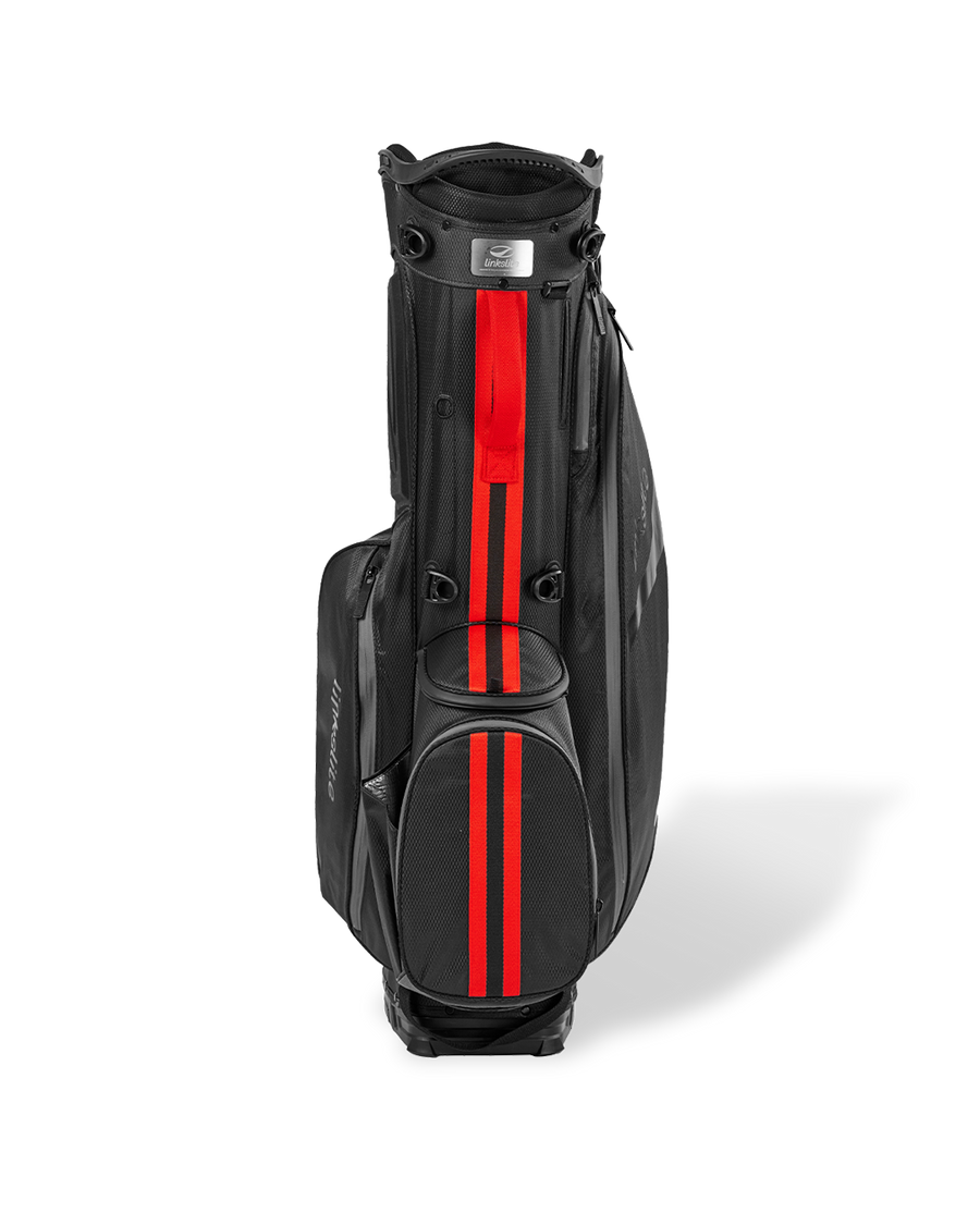Scarlet Umbra black Linkslite Explorer 5-way golf stand bag, front view with red accent stripe.