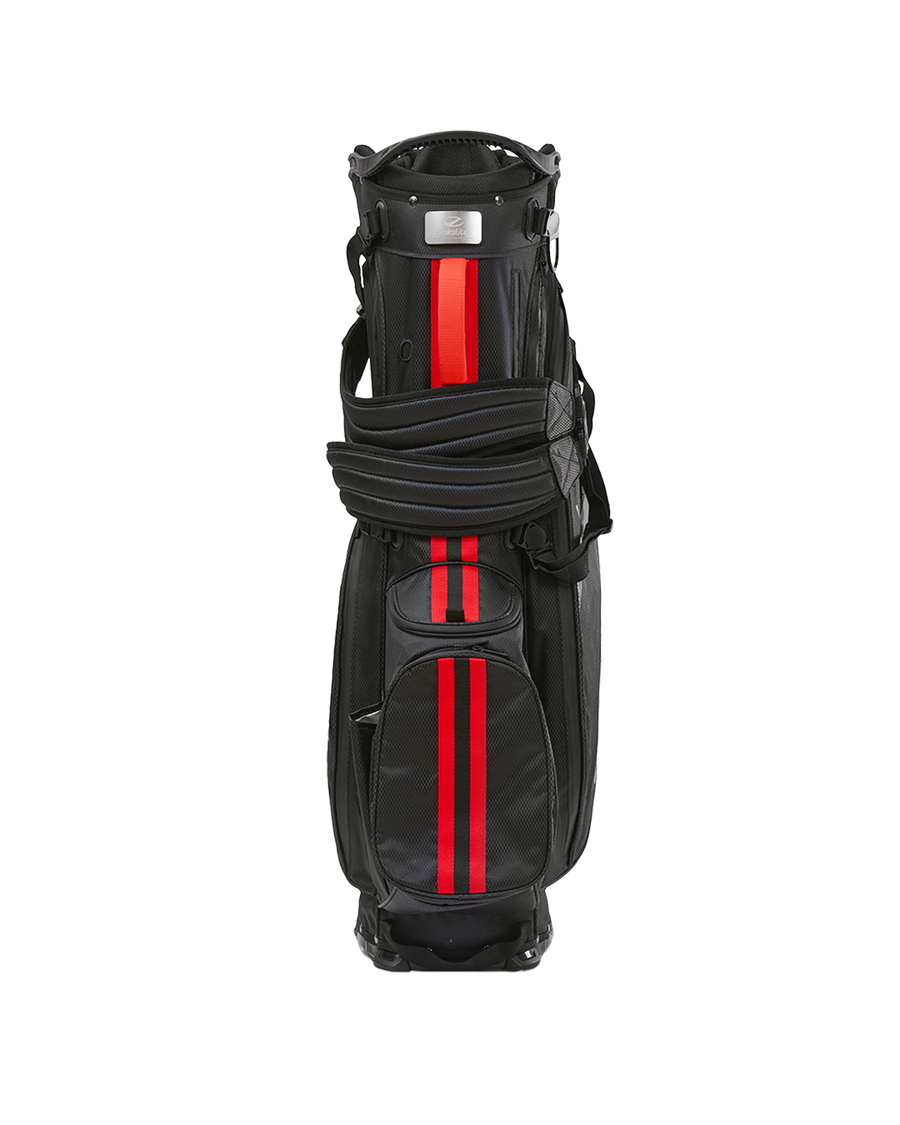Linkslite Explorer 5-way stand bag in black and red, front view with shoulder straps