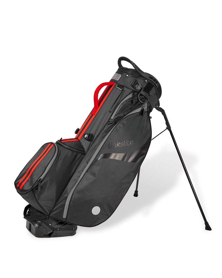 Linkslite Explorer 5-way stand bag in black and red, on stand