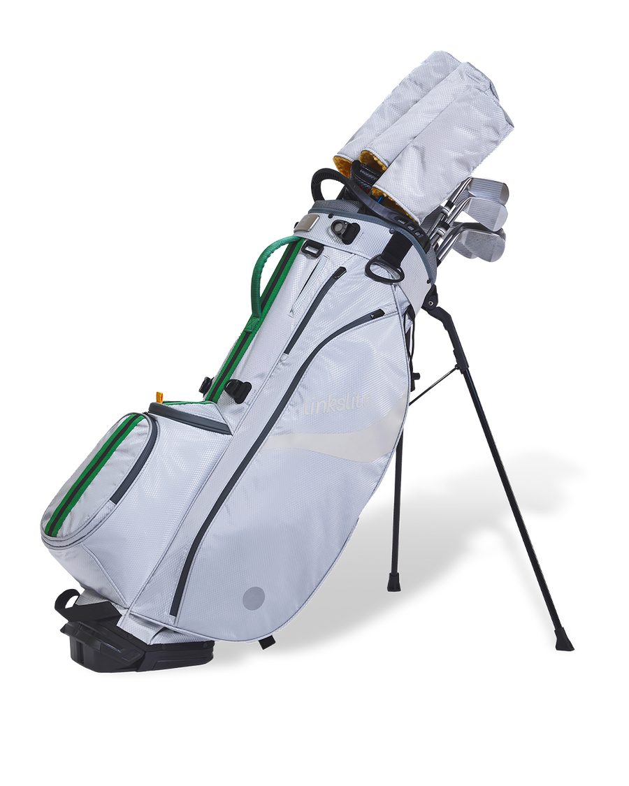 Verdant Mist Explorer stand bag on its legs loaded with a full set of 14 clubs.