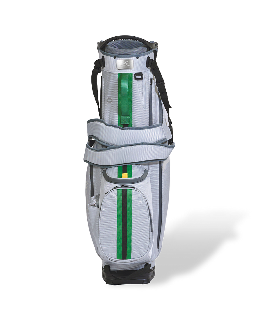 Verdant Mist Explorer stand bag, front view with the padded double shoulder straps.