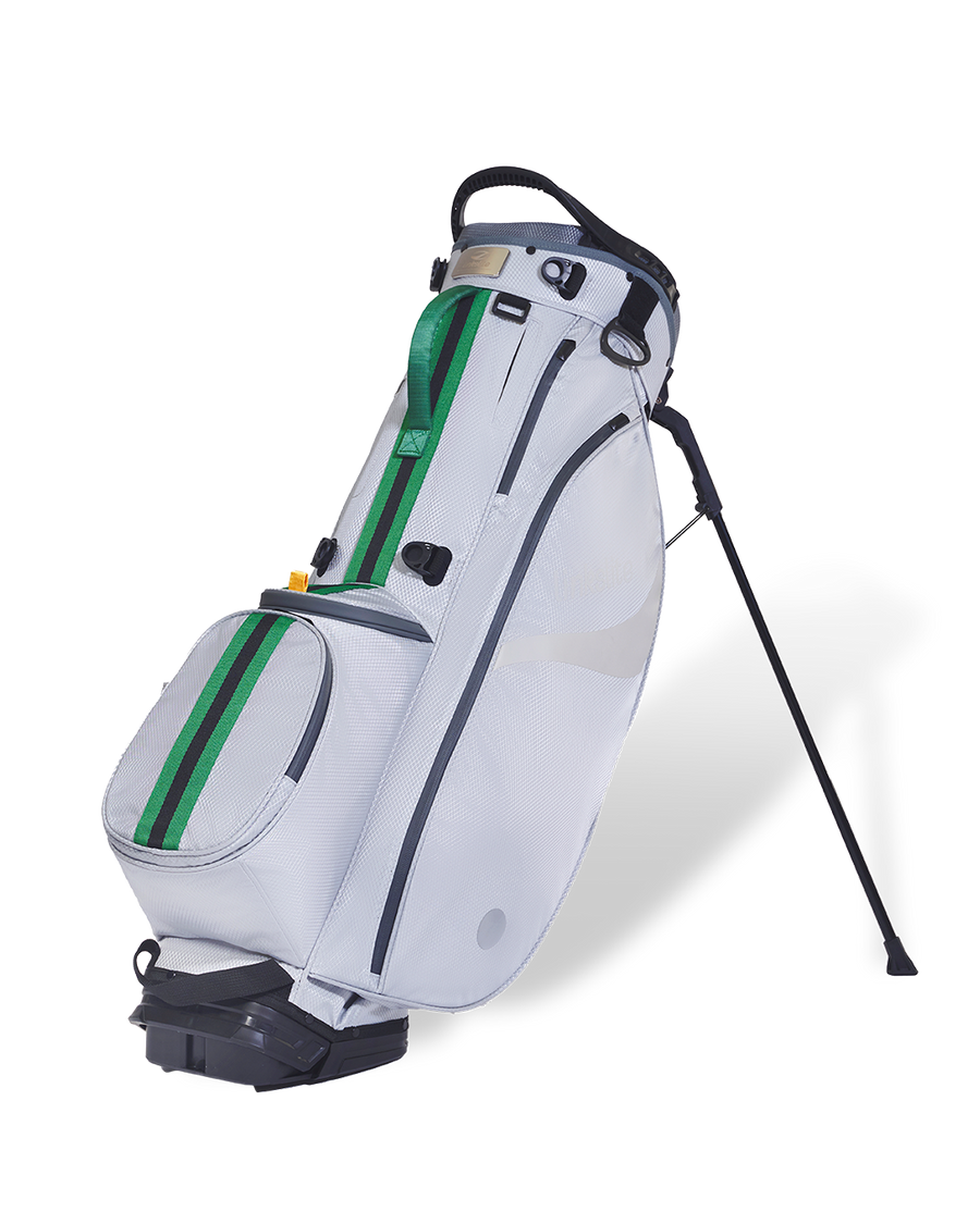 Verdant Mist Linkslite Explorer stand bag on its deployed stand legs, side profile.