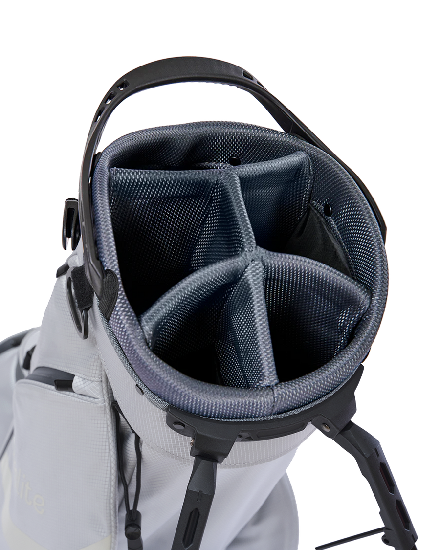 Verdant Mist Explorer stand bag seen from above, showing the 5-way divider top.